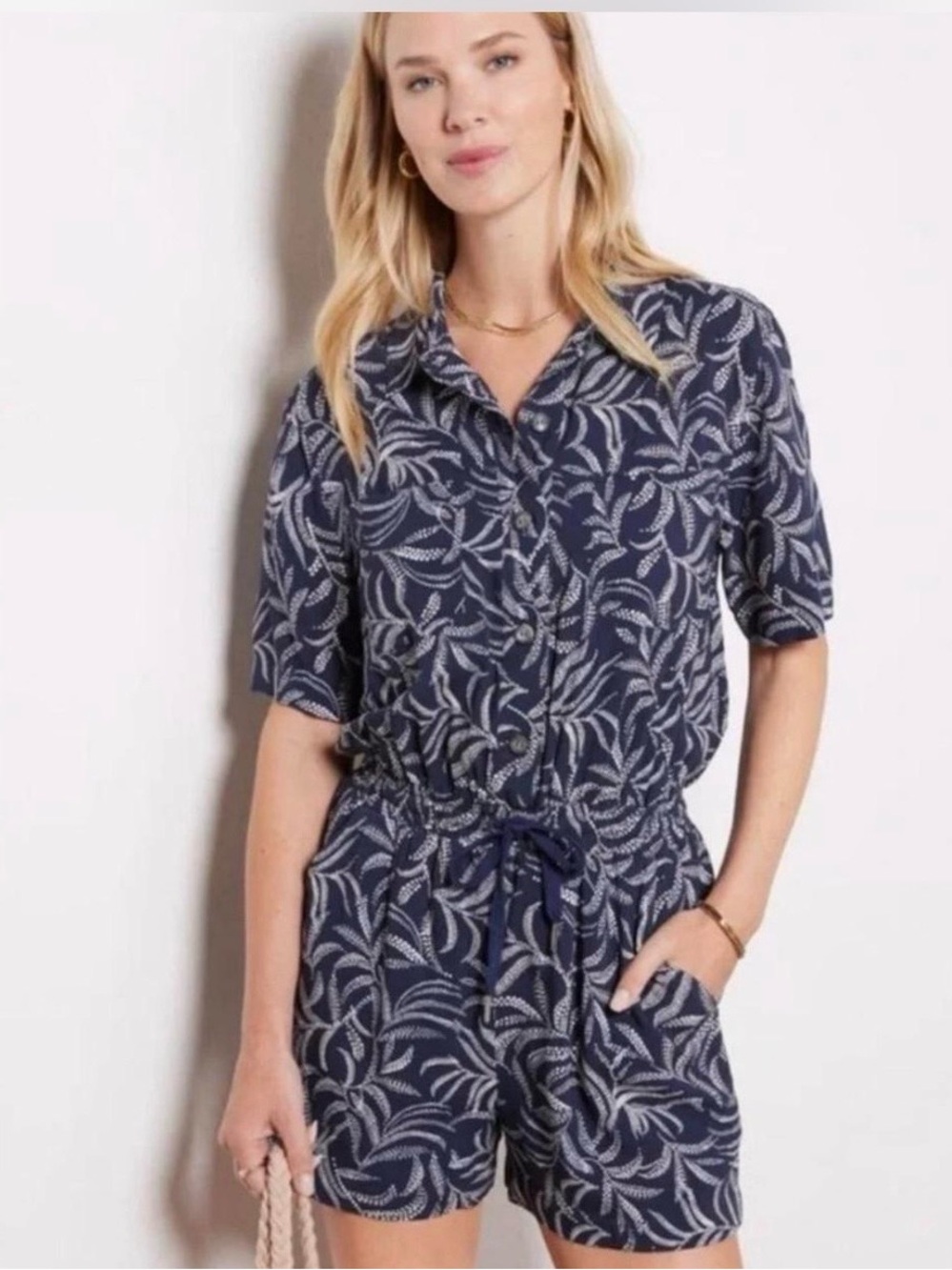 Evereve Sz S Navy Cream Batik Waist-tie Leaf-Print Button-Front Boho Romper